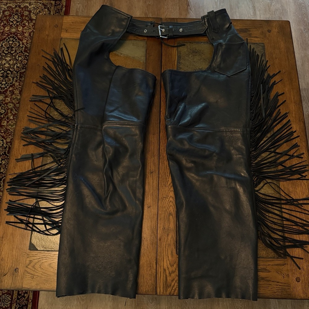 VTG First Genuine Leather Chaps Medium Womens Black Fringed Biker Western Pants